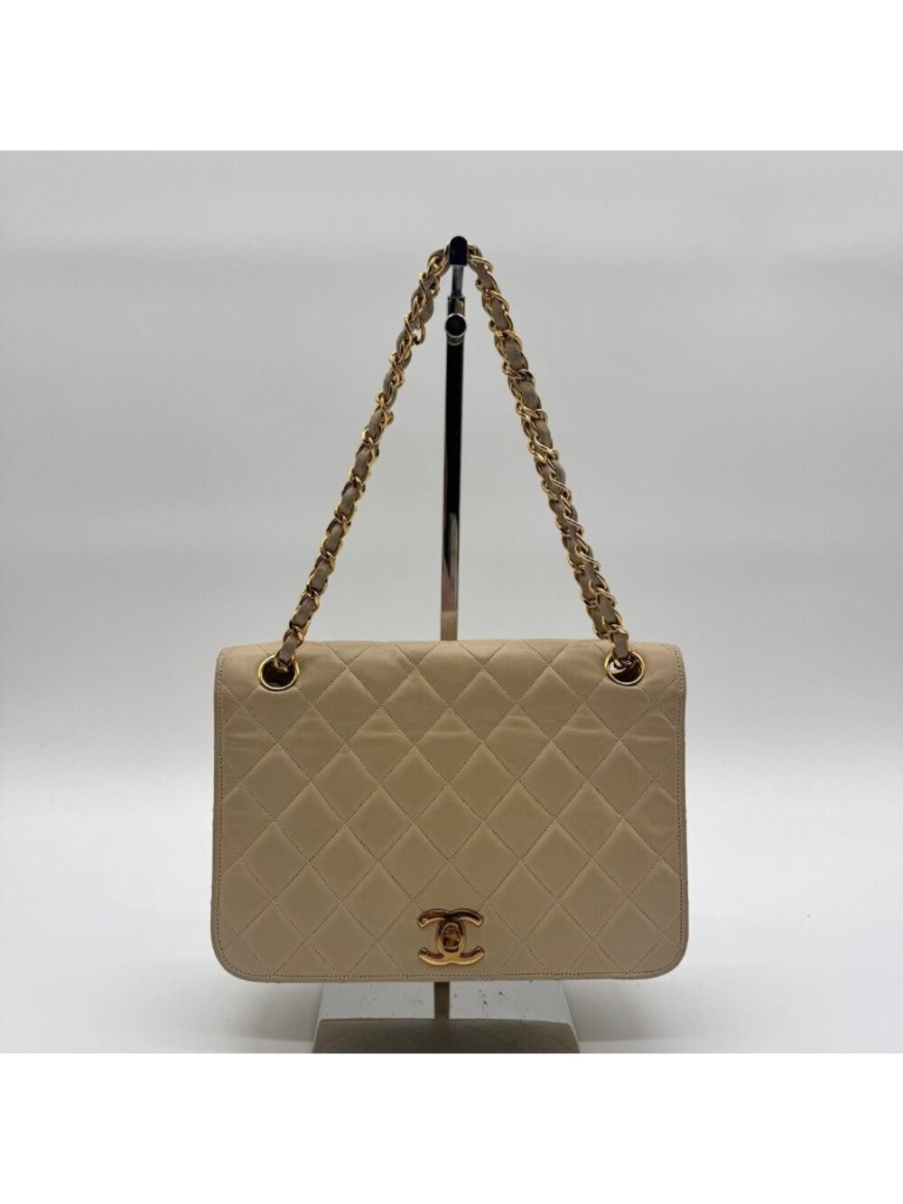 Chanel Large Shoulder Bag Quilted CC Logo Turnlock Gold Full Flap Beige Chain